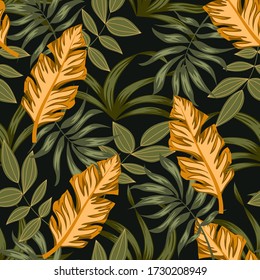 Tropical seamless pattern with green plants and leaves on a dark background. Vector background for various surface. Exotic wallpaper, Hawaiian style. Jungle leaves.