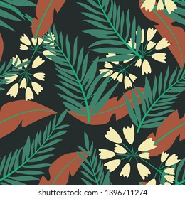 Tropical seamless pattern with green and red leaves on a dark background. Vector design. Floral background.