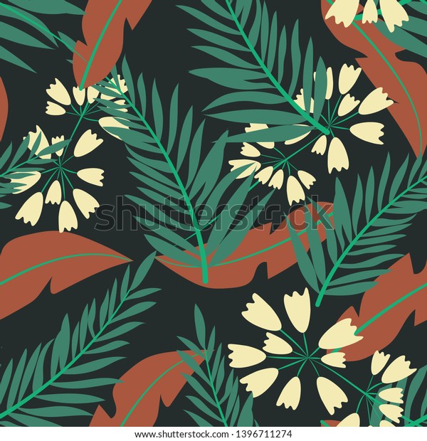 Tropical Seamless Pattern Green Red Leaves Stock Vector (Royalty Free ...