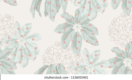 Tropical seamless pattern,  green umbrella tree with red dots and flowers on light brown background, pastel vintage style