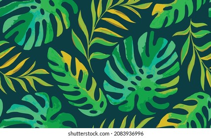 Tropisches nahtloses Muster mit exotischen Palmen, Bananen- und Monsterablättern aus Grönland.  Vektordesign. Dschungeldruck. Blumenhintergrund für Printing, Web, Textilien etc. Frische Gestaltung.