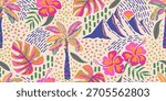 Tropical seamless pattern with hand drawn palm trees. Hawaiian florals summer background for fabric, textiles, clothing, poster, cover, decoration, banner, wallpaper, interior. Vector illustration.