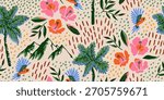 Tropical seamless pattern with hand drawn palm trees. Hawaiian florals summer background for fabric, textiles, clothing, poster, cover, decoration, banner, wallpaper, interior. Vector illustration.