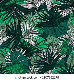 Tropical seamless pattern. Hand drawn illustration with foliage of tropical plants. Texture with banana leaves, palm and  monstera. Summer vector design.