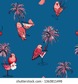 Tropical seamless pattern. Hand drawn palm trees, cocktail, pink parrots bird, summer birds on summer deep ocean blue background.