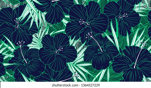 Tropical seamless pattern. Hand drawn texture with palm tree leaf, banana leaves and hibiscus flower. Exotic floral background.