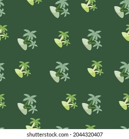 Tropical seamless pattern with hand drawn island and palm tree shapes. Green background. Exotic nature print. Designed for fabric design, textile print, wrapping, cover. Vector illustration.