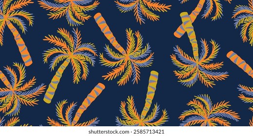 Tropical seamless pattern with hand drawn palm trees. Hawaiian summer background for fabric, textiles, clothing, poster, cover, decoration, banner, wallpaper, interior decor. Vector illustration.