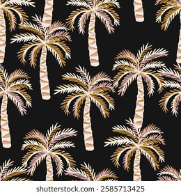 Tropical seamless pattern with hand drawn palm trees. Hawaiian summer background for fabric, textiles, clothing, poster, cover, decoration, banner, wallpaper, interior decor. Vector illustration.