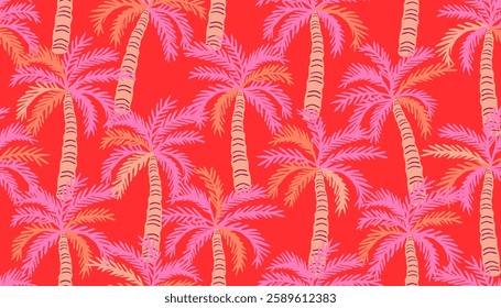 Tropical seamless pattern with hand drawn palm trees. Hawaiian florals summer background for fabric, textiles, clothing, poster, cover, decoration, banner, wallpaper, interior. Vector illustration.