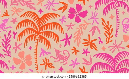 Tropical seamless pattern with hand drawn palm trees. Hawaiian florals summer background for fabric, textiles, clothing, poster, cover, decoration, banner, wallpaper, interior. Vector illustration.