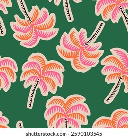 Tropical seamless pattern with hand drawn palm trees. Hawaiian florals summer background for fabric, textiles, clothing, poster, cover, decoration, banner, wallpaper, interior. Vector illustration.