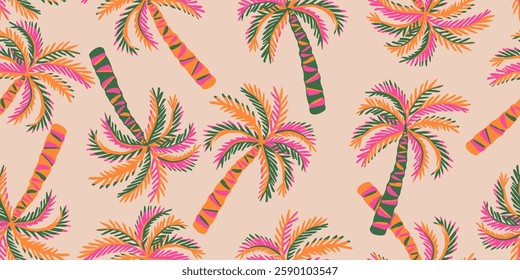 Tropical seamless pattern with hand drawn palm trees. Hawaiian florals summer background for fabric, textiles, clothing, poster, cover, decoration, banner, wallpaper, interior. Vector illustration.