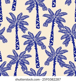 Tropical seamless pattern with hand drawn palm trees. Hawaiian florals summer background for fabric, textiles, clothing, poster, cover, decoration, banner, wallpaper, interior. Vector illustration.