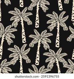 Tropical seamless pattern with hand drawn palm trees. Hawaiian black and white background for fabric, textiles, clothing, poster, cover, decoration, banner, wallpaper, decor. Vector illustration.