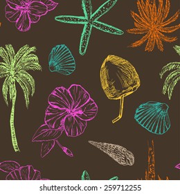 Tropical seamless pattern with hand drawn palms, flowers and seashells