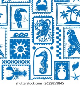 Tropical seamless pattern. Hand drawn summer patchwork. Exotic island blue stamps, frames with bird, animal, palm. Mediterranean texture. Vector nature background.