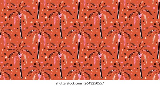 Tropical seamless pattern with hand drawn palm trees. Hawaiian florals summer background for fabric, textiles, clothing, poster, cover, decoration, banner, wallpaper, interior. Vector illustration.