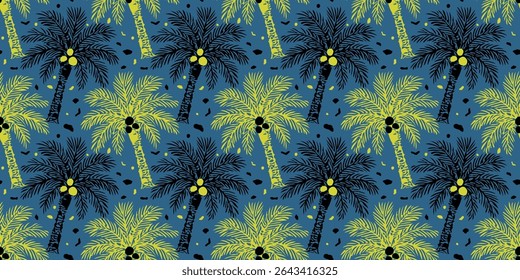 Tropical seamless pattern with hand drawn coconut trees. Hawaiian summer background. Coconut tree print for fabric, textiles, packaging, poster, banner, wallpaper, interior. Vector illustration