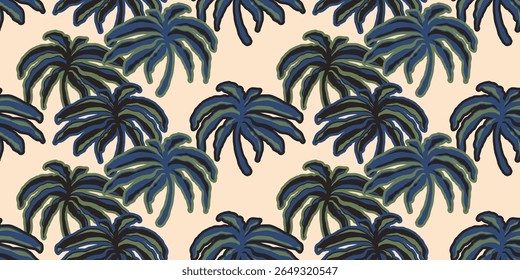 Tropical seamless pattern with hand drawn palm trees. Black hand drawn lines background for fabric, textiles, clothing, poster, cover, decoration, banner, wallpaper, interior. Vector illustration.