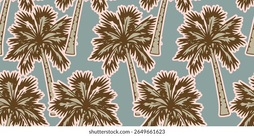 Tropical seamless pattern with hand drawn coconut trees. Hawaiian summer background. Coconut tree print for fabric, textiles, packaging, cover, banner, wallpaper, interior. Vector illustration