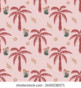 Padrão tropical sem costura com palmeiras desenhadas à mão. fundo de verão florals para tecido, têxteis, roupas, cartaz, capa, decoração, banner, papel de parede, interior. Ilustração vetorial.