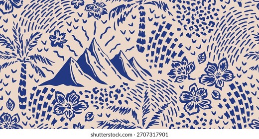 Tropisches, nahtloses Muster mit handgezeichneten Palmen. Hawaiianische Blumen Sommer Hintergrund für Stoff, Textilien, Kleidung, Poster, Abdeckung, Dekoration, Banner, Tapete, Interieur. Vektorgrafik.
