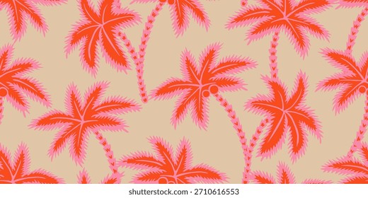 Patrón tropical sin fisuras con palmeras dibujadas a mano. Fondo de verano floral hawaiano para tela, textiles, ropa, póster, cubierta, decoración, Anuncio, Fondo de pantalla, interior. Ilustración vectorial.