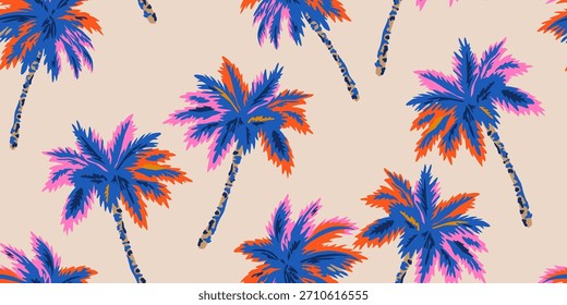 Tropical seamless pattern with hand drawn palm trees. Hawaiian florals summer background for fabric, textiles, clothing, poster, cover, decoration, banner, wallpaper, interior. Vector illustration.