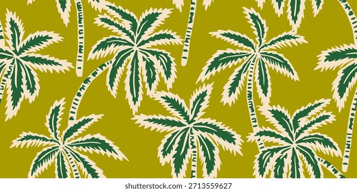 Tropisches, nahtloses Muster mit handgezeichneten Palmen. Hawaiianische Blumen Sommer Hintergrund für Stoff, Textilien, Kleidung, Poster, Abdeckung, Dekoration, Banner, Tapete, Interieur. Vektorgrafik.
