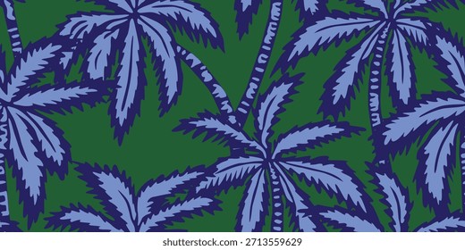 Tropisches, nahtloses Muster mit handgezeichneten Palmen. Hawaiianische Blumen Sommer Hintergrund für Stoff, Textilien, Kleidung, Poster, Abdeckung, Dekoration, Banner, Tapete, Interieur. Vektorgrafik.