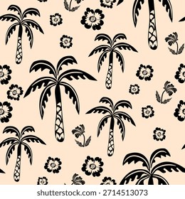 Tropical seamless pattern with hand drawn palm trees. Hawaiian florals summer background