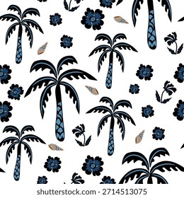 Tropical seamless pattern with hand drawn palm trees. Hawaiian florals summer background
