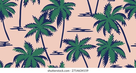 Tropisches, nahtloses Muster mit handgezeichneten Palmen. Hawaiianische Blumen Sommer Hintergrund für Stoff, Textilien, Kleidung, Poster, Abdeckung, Dekoration, Banner, Tapete, Interieur. Vektorgrafik.