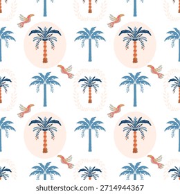 Patrón tropical sin fisuras con palmeras dibujadas a mano. Fondo de verano floral hawaiano