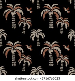 Patrón tropical sin fisuras con palmeras dibujadas a mano. Fondo de verano floral hawaiano
