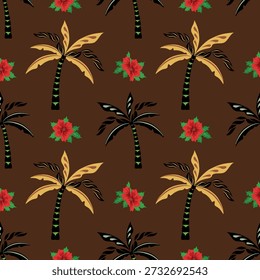 Tropical seamless pattern with hand drawn palm trees. Hawaiian florals summer background