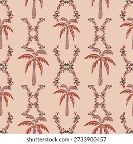 Patrón tropical sin fisuras con palmeras dibujadas a mano. Fondo de verano de flores hawaianas