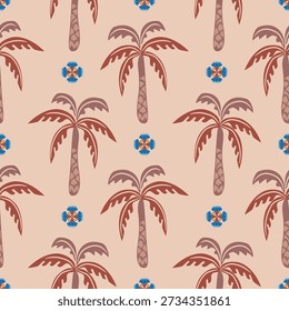 Patrón tropical sin fisuras con palmeras dibujadas a mano. Fondo de verano de flores hawaianas