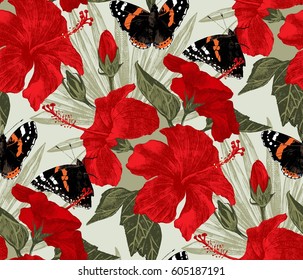 Tropical seamless pattern with hand drawn hibiscus flowers, butterflies and palm leaves