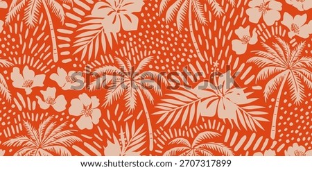 Tropical seamless pattern with hand drawn palm trees. Hawaiian florals summer background for fabric, textiles, clothing, poster, cover, decoration, banner, wallpaper, interior. Vector illustration.