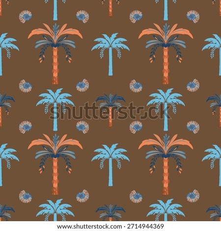 Tropical seamless pattern with hand drawn palm trees. Hawaiian florals summer background