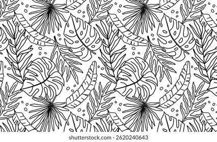 Tropical seamless pattern with hand-drawn leaves and abstract dots in black outline. Perfect for coloring books, wallpapers, textile design, packaging, eco projects, and stationery.