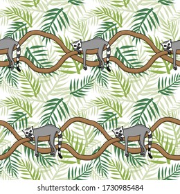 Tropical seamless pattern with happy sleeping funny lemur on tree and contour palm tree leaves. Endless texture with animal character and beautiful hand drawn leaf green and yellow on white. 