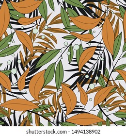 Tropical seamless pattern with Hawaiian flora. Original texture design, textile, fabric, printing. Summer trend. Hawaiian ornament. Modern plants and leaves on white background. Exotic fashion.