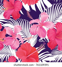 Tropical seamless pattern with hibiscus flower with leaf on purple background. Vector set of exotic tropical garden for wedding invitations, greeting card and fashion design.