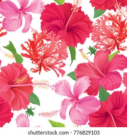 Tropical seamless pattern with hibiscus flower with leaf on white background. Vector set of exotic tropical garden for wedding invitations, greeting card and fashion design.