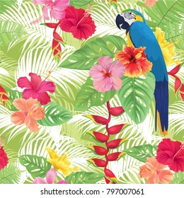 Tropical seamless pattern with hibiscus flower, macaw, bird of paradise and leaf on green background. Vector set of exotic tropical garden for wedding invitations, greeting card and fashion design.