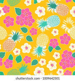 Tropisches nahtloses Muster mit Hibiskusblumen und Ananas. Vektorgrafik.