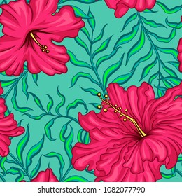 Tropical seamless pattern with hibiscus flowers. Exotic endless background. Trendy hawaiian print